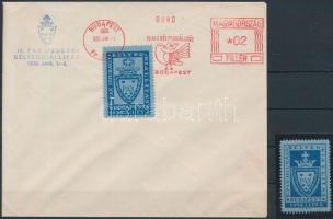 1938 IV. PAX Ifjúsági bélyegkiállítás levélzáró + borítékon frankotyp emlékbélyegzéssel / label + on cover