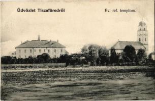 1907 Tiszafüred, Városháza, Református templom. 542. Goldstein L. kiadása + &quot;KASSA - BUDAPEST 10. SZ.&quot; vasúti mozgóposta bélyegző