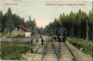 1911 Tiszolc, Tisovec; Tiszolc-völgyi fogaskerekű vasút, Fenyves állomás, vasútállomás, gőzmozdony. Morvai Sámuel kiadása / standard gauge cogwheel railway, locomotive, railway station (EK)