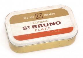 Ogden's St Bruno flake tobacco dohány eredeti dobozában, enyhén kopott, m: 2,3 cm, h: 9,5 cm