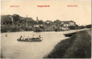 1908 Nagybecskerek, Zrenjanin, Veliki Beckerek; Gizella-part, DDSG (DGT) uszály, csónakázók / Gisella-Quai / riverbank, barge, rowing boat