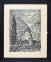 Scultéty Éva (1917-2001): Szélmalom, rézkarc, papír, jelzett, üvegezett fa keretben, 39x28,5 cm.