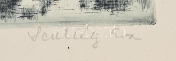 Scultéty Éva (1917-2001): Szélmalom, rézkarc, papír, jelzett, üvegezett fa keretben, 39x28,5 cm