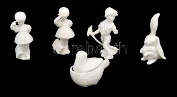 5 db herendi fehér porcelán figura: nyúl, enyhén kopott, m: 10 cm.  2 db kislány, enyhén kopott, m: 10 cm. Kisfiú, kopott, m: 10 cm. Madár tetővel, hibátlan, m: 7 cm.