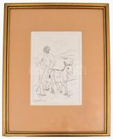 Borsos Miklós (1906-1990): Pásztor. Rézkarc, papír, jelzett a dúcon, üvegezett keretben, 25x15 cm