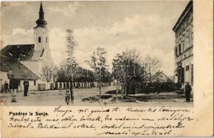 1905 Sunja, Fő utca, templom / main street, church + BROD - NAGYKANIZSA 62. SZ. vasúti mozgóposta bélyegző (fl)