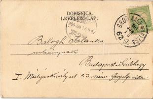 1905 Sunja, Fő utca, templom / main street, church + "BROD - NAGYKANIZSA 62. SZ." vasúti m...