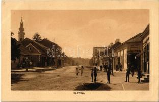 1910 Szalatnok, Szlatina, Slatina; utca, templom, Leopold Fuchs & Co. üzlete. Lj. Bauer kiadása / street view, church, shops