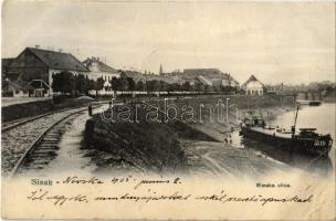 1905 Sziszek, Sisak; Rimska ulica / utca, vasútvonal, vasúti pálya, uszály / street view, railway line, railroad track, barge (EB)