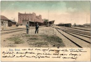 1904 Brod, Bosanski Brod; Kolodvor / Bahnhof / railway station, train, railwaymen (EK)