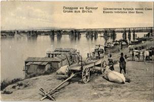 1908 Brcko, Brcka; Eisenbahnbrücke über Save / railway bridge over the Sava river, market, boats (tiny tear)