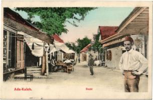 1908 Ada Kaleh, Török bazár, üzletek. Ali Mehmed kiadása / Turkish bazaar, shops + ORSOVA - BUDAPEST 179. SZ. B vasúti mozgóposta bélyegző