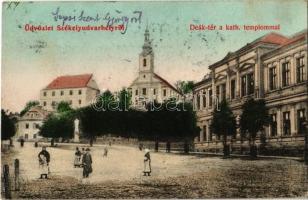 1907 Székelyudvarhely, Odorheiu Secuiesc; Deák tér, Római katolikus templom. 73. Sterba Ödön kiadása / square, Catholic church