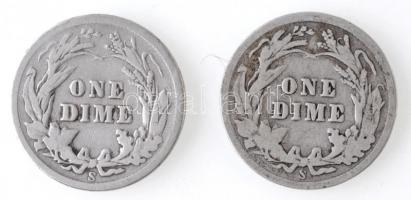 Amerikai Egyesült Államok 1905-1907. 1d Ag "Barber" (2x) T:3 kis ph. 
USA 1905-1907. 1 Di...