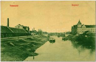 1908 Temesvár, Timisoara; Béga-sor, Horgony palota és kávéház, híd / Bega riverside, palace, café, bridge (enyhén ázott sarkak / slightly wet corners)