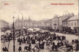 1906 Máramarossziget, Sighetu Marmatiei; Fő tér, piac, üzletek, árusok. Wizner és Dávid kiadása / main square, market vendors, shops (EK)