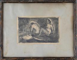 Pomogáts Béla (1912-?): Aktok. Rézkarc, papír, jelzett a paszpartun, datált, üvegezett keretben, 10x16 cm