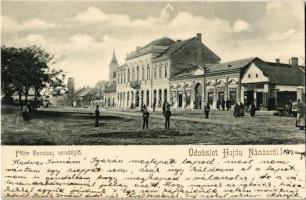 1904 Hajdúnánás, Fő tér, Bocskay (Bocskai) vendéglő, étterem, Gyógyszertár, Bartha Imre üzlete és saját kiadása