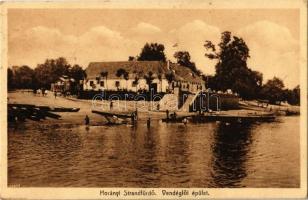 1927 Horány (Szigetmonostor), strandfürdő, vendéglői épület, Horányi csárda, étterem, fürdőzők, csónakok. Fortuna nyomda (EK)