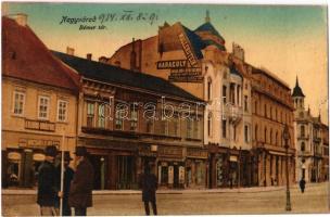 1914 Nagyvárad, Oradea; Bémer tér, Mocsári Lajos, Ifj. Stern Sándor, Lévay István, Molnár üzlete, Duna Biztosító Tásaság Főügynöksége, Szabó Dénes fényképész műterme, Karaguly, Wallerstein, Frankl Róza üzleteinek reklámja a házfalon. Vidor Manó kiadása / square, shops, insurance company, advertisements on the wall (vágott / cut)