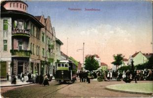 1917 Temesvár, Timisoara; Józsefváros, Krémer, Marton üzlete, villamos, piac / Iosefin, shops, tram, market vendors (kopott sarkak / worn corners)
