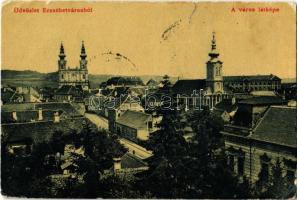 1908 Erzsébetváros, Dumbraveni; látkép, templomok. W. L. (?) 1832. Scholtes A. kiadása / general view, churches (kopott sarkak / worn corners)
