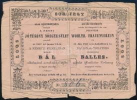 1857 Pesti Jótékonysági Nőegylet által a Nemzeti Színházban rendezett bál sorsjegye, 1857. jan. 11., Pest, Emich Gusztáv, szakadt, 10x15 cm