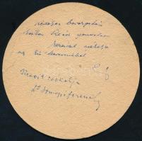 cca 1940 Aranyászok Sör, Kőbányai Polgári Sörfőzde söralátét, a hátoldalán tintával írt sorokkal, d:...