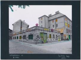 1982 Jankovszky György(1946-): Budapest, VIII. kerület, Leonardo da Vinci utca, feliratozva, aláírt, pecséttel jelzett, kézzel színezett, kartonra kasírozva, 17x22,5 cm