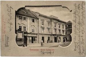 1901 Temesvár, Timisoara; Szent György tér, Lenz János szállodája, kávéháza és sörcsarnoka, Rosner Márk üzlete, villamos / square, hotel, cafe and beer hall, shop, tram. Art Nouveau (EK)