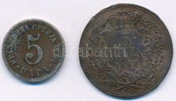Szerbia 1868. 5p Br "III. Obrenovics Mihály" + 1904. 5P Cu-Ni T:2-,3 ph., kissé hullámos
...