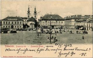 1903 Temesvár, Timisoara; Losonczy tér, piac, Posztó-Gyapjúszövet raktár, Ph. Hubrauer és Weisz üzlete / square, market, shops