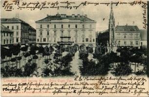 1903 Temesvár, Timisoara; Jenő herceg tér, Rukavina emlékmű, Temesi Agrár Takarékpénztár, Uhrmann üzlete / square, monument, savings bank, shops (EK)
