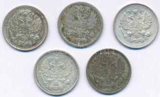 Orosz Birodalom 1905-1916. 10k Ag (5db, 3xklf) T:1--3 patina
Russian Empire 1905-1916. 10 Kopeks Ag...