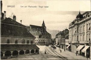 1910 Brassó, Kronstadt, Brasov; Len sor, Nicolae Dusoiu és Wilhelm Scherg & Cie üzlete / Flachszeile / Targul inului / street, shops
