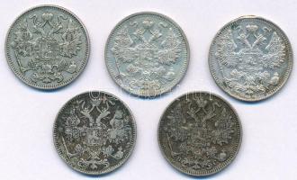 Orosz Birodalom 1913-1916. 15k Ag (5db, 2xklf) T:2 patina
Russian Empire 1913-1916. 15 Kopeks Ag (5...