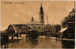 1913 Nagyvárad, Oradea; Kishíd és környéke, templom, villamos, Lőrincz Mór üzlete / bridge, church, tram, shop (ragasztónyom / gluemark)
