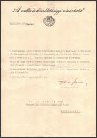 1948 Ortutay Gyula (1910-1978) néprajzkutató, vallás- és közoktatásügyi miniszter saját kézzel aláírt okmánya, Rábai Miklós, az Állami Népi Együttes későbbi vezetője részére, a Testnevelési Főiskola rendkívüli tanárrá történő kinevezésére