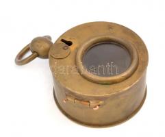 Régi bronz óra tartó fedéllel és zárral, kulcs nélkül, tetején 3769, alján Bauers Patent jelzéssel, kopott, m: 14,5 cm, d: 9 cm