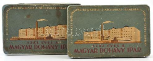 cca 1950 2 db 100 éves a magyar dohányipar fém cigarettás doboz, egyik tartalommal