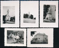 cca 1938 Bonyhád, városképek, egyik fotón biciklis katonával, 6 db fotó, 8×6 cm