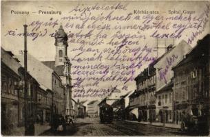 1916 Pozsony, Pressburg, Bratislava; Kórház utca, villamos, templom / street, tram, church (EK)