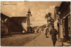 Korpona, Krupina; Fő utca, templom, katonák, Holic Ján Francisc üzlete / Hlavná ulica / main street, church, shop, soldiers (EK)