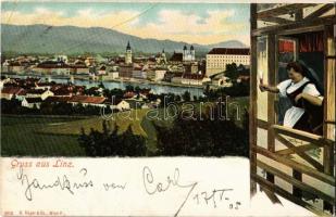 1905 Linz an der Donau, general view. Montage with folklore lady in the window (EB)