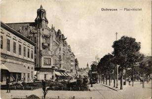 Debrecen, Piac részlet, villamos, Kontsek Kornél és Tóth Gyula üzlete. Aczél Henrik kiadása