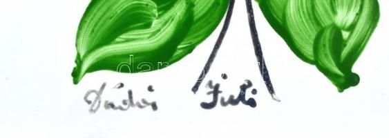 Dudás Juli és DJ jelzéssel: Virágok. 2 db kézzel festett kerámia csempe, 15x15 cm, hibátlan állapotb...