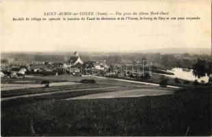 Saint-Aubin-sur-Yonne, Vue prise du coteau Nord-Ouest, Au-delá du village on apercoit la jonction du Canal de dérivation et de l'Yonne, le bourg de Cézy et son pont suspendu / general view, channel