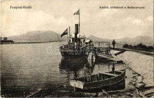 1920 Fonyód, Kikötő, kilátás a Badacsonyra, Kisfaludy csavaros gőzös, gőzhajó