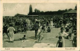 1928 Siófok, Strandfürdő, fürdőzők, napozók, tömeg (EK)