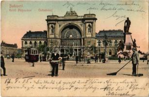1905 Budapest VII. Keleti pályaudvar, villamos, utcaseprő, virágárus. Taussig Arthur 5115. (EK)